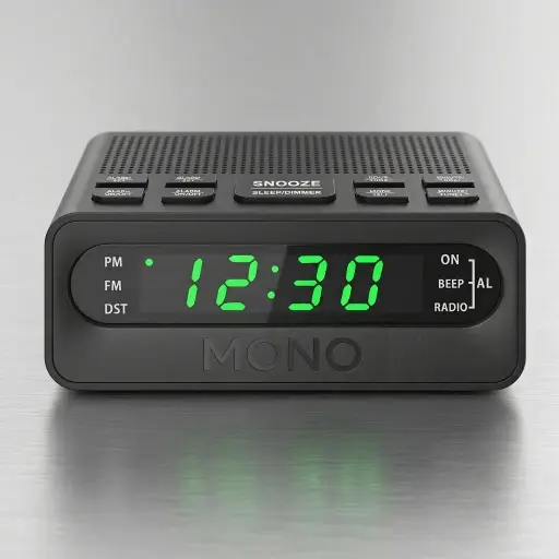 Digital Alarm Clock, Radio With Usb Charger — ACK-1024 — A compact bedside alarm clock and FM radio with a built-in USB charger, sized at just 11.4x4.5x8.7cm to fit any nightstand. Choose a buzzer or radio alarm on the 12-hour display and keep a phone topped up overnight. Runs on AC110-220V with 2 AAA batteries for backup so the time is never lost.