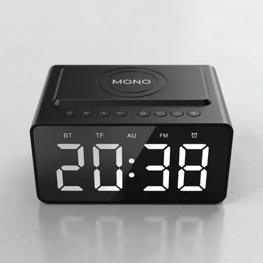 Digital Alarm Clock, Radio, Wireless Charging & Usb Fast Charger, Bluetooth Speaker, Tf Card & Aux — ACK-1025 — A multifunction bedside unit combining a digital alarm clock, FM radio, wireless charging pad and USB fast charger. The built-in Bluetooth 5.0 speaker delivers 5W of sound with around 6 hours of playback from its 1800mAh battery. A space-saving amenity that keeps guests charged, entertained and on time.
