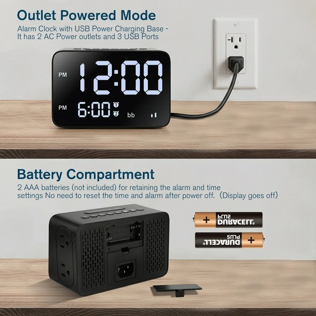 Digital Alarm Clock, Radio With 2x Power Outlets & 3x Usb Ports — ACK-1026 (image 6)