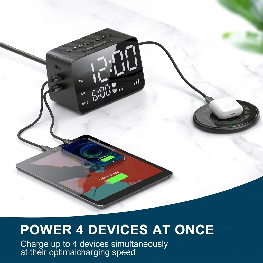 Digital Alarm Clock, Radio With 2x Power Outlets & 3x Usb Ports — ACK-1026 (image 7)