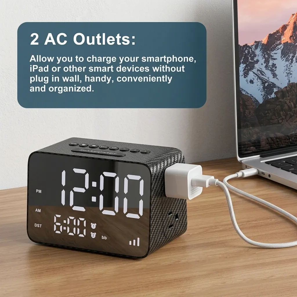 Digital Alarm Clock, Radio With 2x Power Outlets & 3x Usb Ports — ACK-1026 (image 8)
