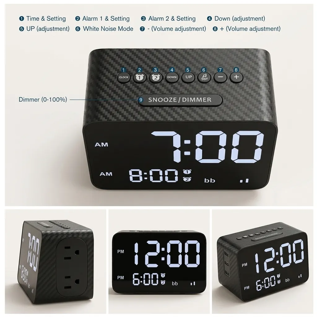 Digital Alarm Clock, Radio With 2x Power Outlets & 3x Usb Ports — ACK-1026 (image 9)