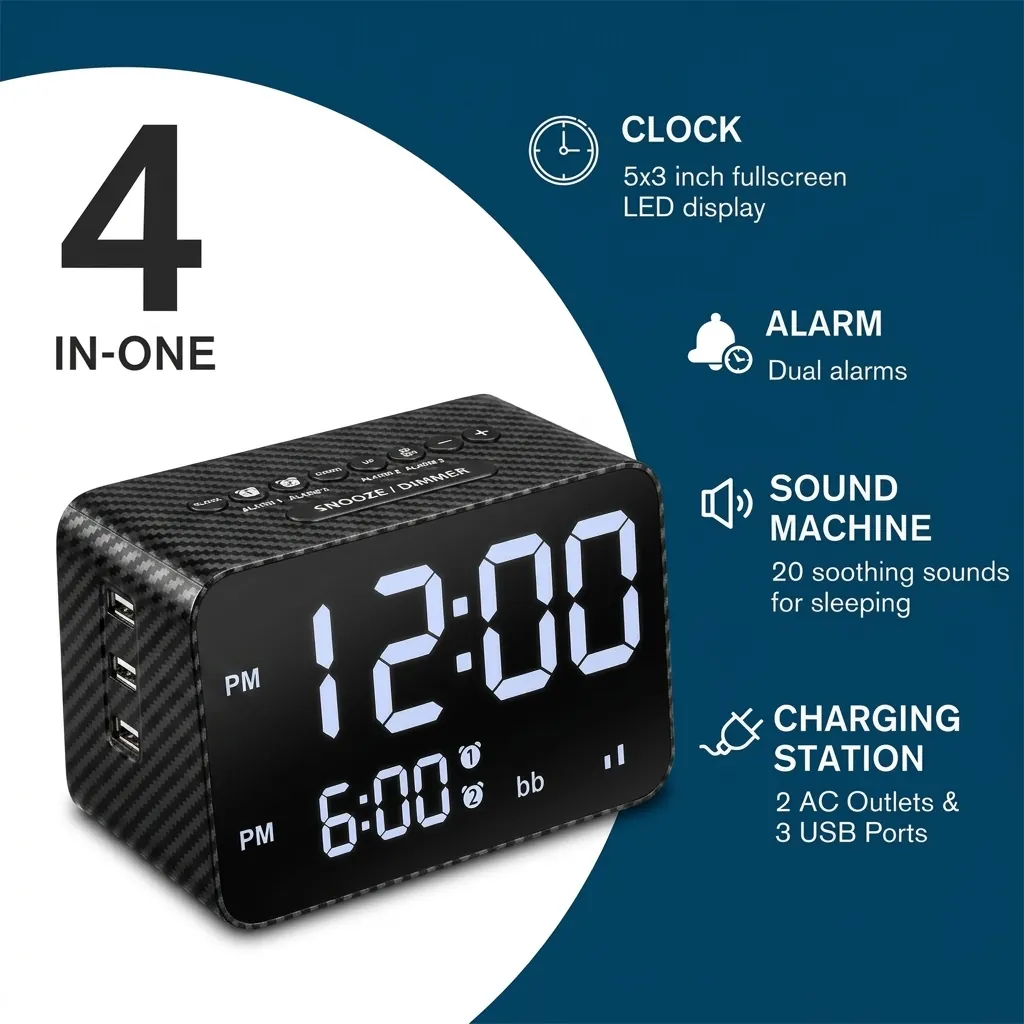 Digital Alarm Clock, Radio With 2x Power Outlets & 3x Usb Ports — ACK-1026 (image 11)