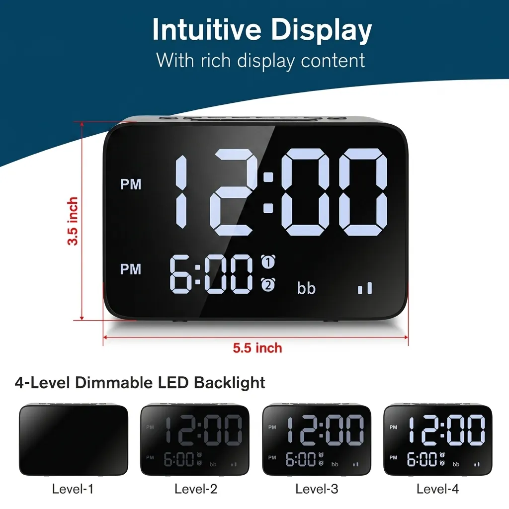 Digital Alarm Clock, Radio With 2x Power Outlets & 3x Usb Ports — ACK-1026 (image 12)