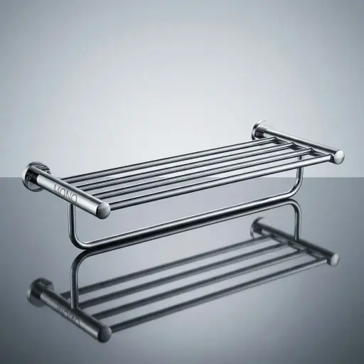 Wall-Mounted Towel Rack - Stainless Steel — BAC-1024 — A wall-mounted bathroom shelf and towel rail crafted from high-grade 304 stainless steel with a mirror chrome finish. The single-rail design adds practical storage above the towels while resisting rust in humid bathrooms. Sturdy, easy to clean and built for daily hotel use.