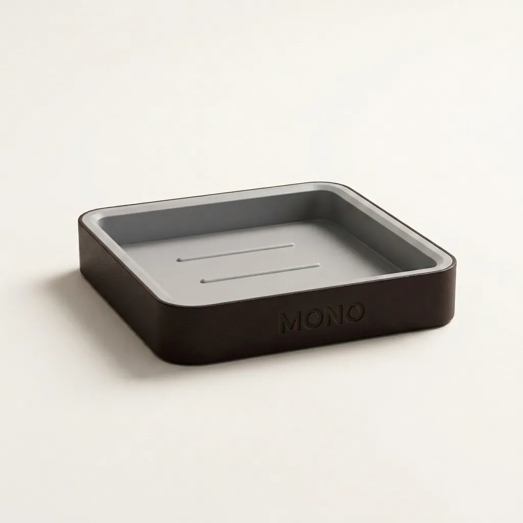 Abs + Pu Leather Soap Dish — BAC-1027 — A compact square soap dish finished in ABS and PU leather for a soft, premium feel. At 8.8x8.8x2.1cm it sits neatly on the vanity, with the leather colour available to match your bathroom palette. A refined, durable amenity for upscale hotel bathrooms. (image 1)