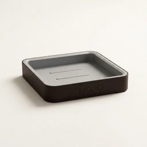 Abs + Pu Leather Soap Dish — BAC-1027 — A compact square soap dish finished in ABS and PU leather for a soft, premium feel. At 8.8x8.8x2.1cm it sits neatly on the vanity, with the leather colour available to match your bathroom palette. A refined, durable amenity for upscale hotel bathrooms.