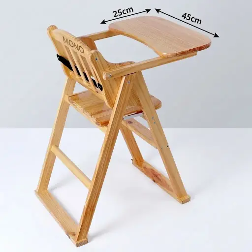 Foldable Baby Chair - Solid Wood — BCR-1024 — A foldable baby high chair built from solid pine hardwood with a warm mahogany finish. Reinforced heavy-duty polypropylene straps and a wide seat base keep little ones secure and comfortable, while the folding design stores away to save space. Ideal for hotels and restaurants catering to families.
