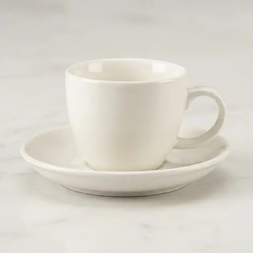 Ceramic Cup & Saucer With Handle 300ml — BDA-1028 — A 300ml ceramic coffee cup paired with a matching saucer in clean white. The handled design and durable ceramic make it a refined choice for in-room or restaurant service. Classic styling that complements any tableware setting.