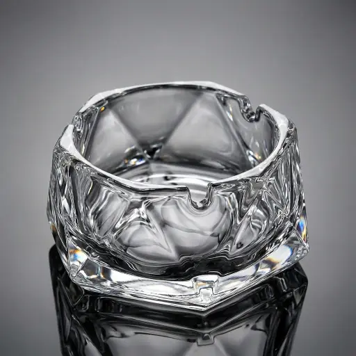 Transparent Glass Ashtray — BDA-1038 — A round transparent glass ashtray measuring 110mm across and 53mm tall. The smooth glass is durable and easy to clean, making it practical for rooms, lounges and outdoor terraces. A clear, classic accessory for smoking areas.
