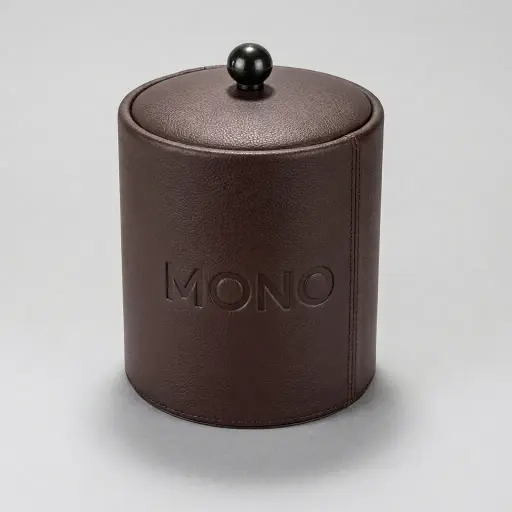 Pu Leather Ice Bucket — BDA-1041 — A round PU leather ice bucket over a stainless steel body, measuring 135x155mm with a fitted lid. It arrives complete with tongs and a strainer for ready-to-use drink service. A smart, upscale accent for the minibar or beverage tray.