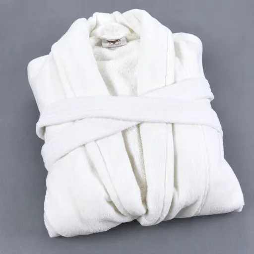 Bathrobe (Cut velvet) — BRB-1025 — Cut velvet bathrobe for hotel and guest room use, in white, with shawl collar. One size.