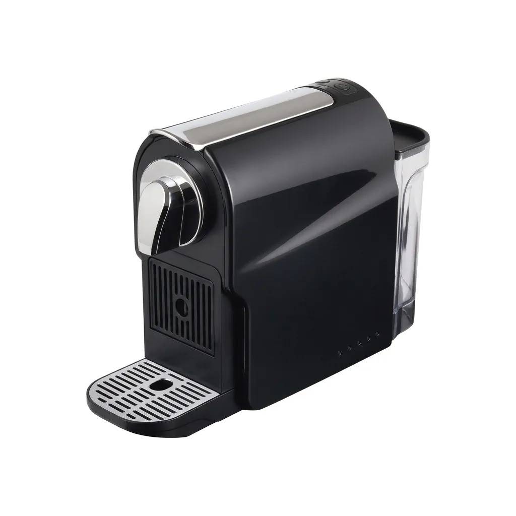 Capsule Coffee Machine with 20-Bar Pump & One-Touch Cup Select — CCM-1028 — A 20-bar capsule coffee machine with one-touch small and large cup buttons for espresso or lungo, compatible with Nespresso-size and Lavazza capsules. Compact 1350W design with a removable 0.6L tank, available in black or white.
