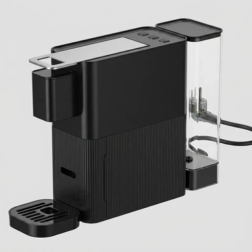 Capsule Coffee Machine with 20-Bar Pump & Nickel-Plated Lever — CCM-1029 — A 1400W capsule coffee machine with a 20-bar pump for rich espresso. Features a removable transparent 660ml tank, adjustable cup holder and a nickel-plated lever in a compact black body.