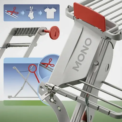 Rama Nanny Plastic Clothes Rack 20m — CDR-1029 — The Rama Nanny resin clothes rack provides 20m of drying space and rolls on wheels for easy repositioning. It includes leg straps for stability and a lidded box to store pegs, and folds with a locking mechanism to save space. Built from recyclable, weather-resistant plastic at 115x175x55cm for indoor or outdoor use.