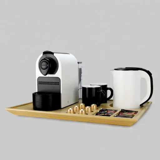 Wooden Tray Set with Stainless Steel Anti-Scald 0.8L Kettle [1026] — CTS-1026 — A welcome-tray set featuring a generous 53x36.8cm wooden tray, a 0.8L anti-scald stainless steel kettle and a capsule coffee machine. The double-body kettle stays cool to the touch, with food-grade 304 steel and automatic shut-off. The tray keeps cups, sachets and six espresso capsules neatly arranged for in-room beverage service.