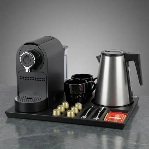 Melamine Tray Set with Seamless Stainless Steel Anti-Scald 0.8L Kettle — CTS-1028 — A welcome-tray set pairing an easy-clean melamine tray with a 0.8L anti-scald kettle and a capsule coffee machine. The seamless, weldless 304 steel kettle resists rust and oxidation and wipes clean inside with ease. The 41.9x31.4cm tray organises cups, sachets, a spoon and six espresso capsules for smooth in-room service.