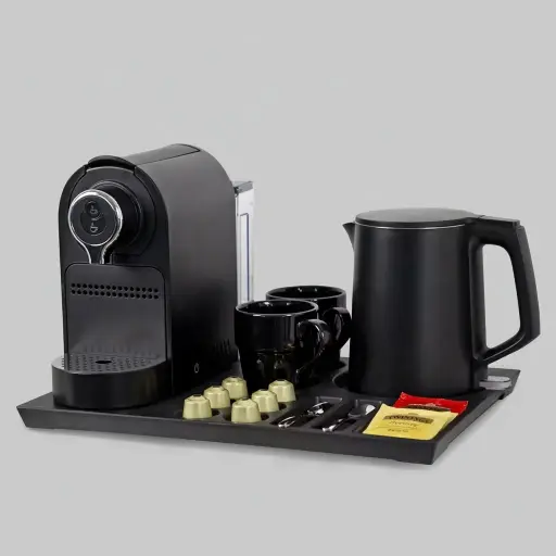 Melamine Tray Set with Stainless Steel Anti-Scald 1.0L Kettle — CTS-1030 — A welcome-tray set featuring a melamine tray, a 1.0L anti-scald stainless steel kettle and a capsule coffee machine. The double-body kettle wraps food-grade 304 steel in a cool-touch PP shell with automatic shut-off. The 41.9x31.4cm tray neatly arranges cups, sachets and six espresso capsules for daily hotel use.