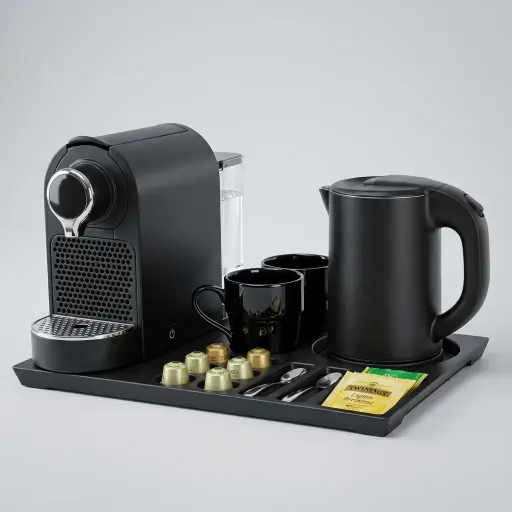 Melamine Tray Set with Stainless Steel Anti-Scald 0.8L Kettle [1031] — CTS-1031 — A welcome-tray set pairing a melamine tray with a 0.8L anti-scald stainless steel kettle and a capsule coffee machine. The double-body kettle stays cool to the touch with 304 steel, a branded controller and automatic shut-off. The 41.9x31.4cm tray holds cups, sachets, a spoon and six espresso capsules for tidy in-room service.