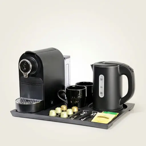 Melamine Tray Set with Stainless Steel Anti-Scald 0.8L Kettle [1032] — CTS-1032 — A welcome-tray set with a melamine tray, a 0.8L anti-scald stainless steel kettle and a capsule coffee machine. The double-body 304 steel kettle adds a water-level indicator and automatic shut-off for safe, simple use. The 41.9x31.4cm tray keeps cups, sachets and six espresso capsules organised for guest beverage service.