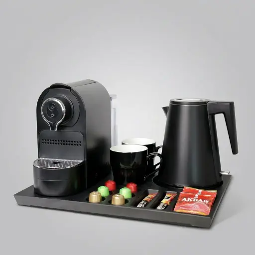 Melamine Tray Set with Strix Seamless Stainless Steel 0.8L Kettle [1033] — CTS-1033 — A premium welcome-tray set pairing a melamine tray with a 0.8L seamless 316 stainless steel kettle and a capsule coffee machine. The double-layer, anti-scald kettle uses a Strix controller, resists rust and oxidation, and is weldless inside for easy cleaning. The 41.9x31.4cm tray arranges cups, sachets and six espresso capsules for refined in-room service.
