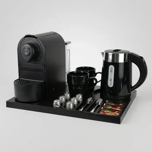 Set Kettle & Wooden Tray 0.6l — CTS-1036 — A compact welcome-tray set combining a beech wood tray with a 0.6L double-body stainless steel kettle. The lacquered tray resists scratches and stains while organising cups, sachets, a spoon and six espresso capsules. The food-grade 304 steel kettle adds a water gauge for easy, everyday use.