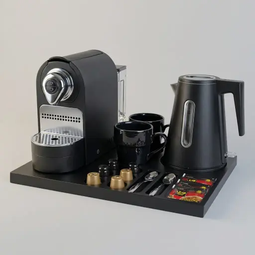 Beech Wood Tray Set with Strix Seamless Stainless Steel 0.8L Kettle — CTS-1037 — A welcome-tray set pairing a lacquered beech wood tray with a 0.8L seamless 316 stainless steel kettle. The double-layer, anti-scald kettle uses a Strix controller and is weldless inside for easy cleaning. The 42x31.5cm tray neatly holds cups, sachets, a spoon and six espresso capsules.