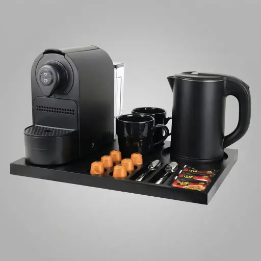 Beech Wood Tray Set with Stainless Steel Anti-Scald 0.8L Kettle — CTS-1038 — A welcome-tray set combining a lacquered beech wood tray with a 0.8L anti-scald stainless steel kettle. The double-body 304 steel kettle stays cool to the touch with automatic shut-off and a matt finish. The 42x31.5cm tray organises cups, sachets, a spoon and six espresso capsules for in-room service.