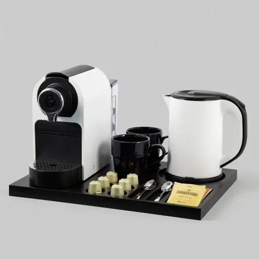 Wooden Tray Set with Stainless Steel Anti-Scald 0.8L Kettle [1039] — CTS-1039 — A welcome-tray set featuring a wooden tray, a 0.8L anti-scald stainless steel kettle and a capsule coffee machine. The double-body 304 steel kettle stays cool to the touch with automatic shut-off. The 42x31.5cm tray holds cups, sachets, a spoon and six espresso capsules, available in black or white.
