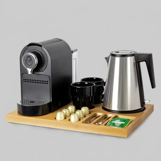 Wooden Tray Set with Seamless Stainless Steel Anti-Scald 0.8L Kettle — CTS-1040 — A welcome-tray set pairing a wooden tray with a 0.8L seamless 304 stainless steel kettle and a capsule coffee machine. The triple-layer, anti-scald kettle resists rust and oxidation and is weldless inside for easy cleaning. The 42x31.5cm tray organises cups, sachets and six espresso capsules for smooth service.