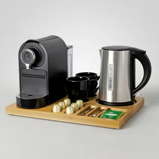 Wooden Tray Set with Stainless Steel 1.0L Kettle [1041] — CTS-1041 — A welcome-tray set combining a wooden tray, a 1.0L matt stainless steel kettle and a capsule coffee machine. The 304 steel kettle adds a water gauge indicator and automatic shut-off, while the 42x31.5cm tray holds cups, sachets, a spoon and six espresso capsules. A complete beverage station for guest rooms.