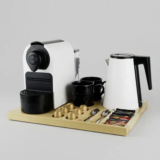 Wooden Tray Set with Strix Seamless Stainless Steel 0.8L Kettle — CTS-1043 — A welcome-tray set combining a wooden tray with a 0.8L seamless 316 stainless steel kettle and a capsule coffee machine. The double-layer, anti-scald kettle uses a Strix controller and is weldless inside for easy cleaning. The 42x31.5cm tray holds cups, sachets and six espresso capsules for refined in-room service.
