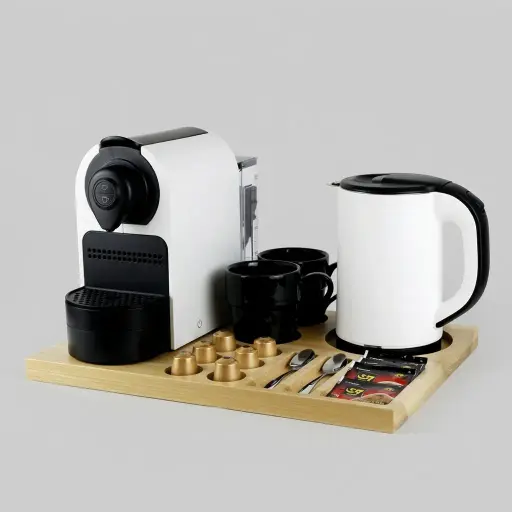 Wooden Tray Set with Stainless Steel Anti-Scald 0.8L Kettle [1044] — CTS-1044 — A welcome-tray set featuring a wooden tray, a 0.8L anti-scald stainless steel kettle and a capsule coffee machine. The double-body 304 steel kettle stays cool to the touch with automatic shut-off. The 42x31.5cm tray organises cups, sachets and six espresso capsules, available in black or white.
