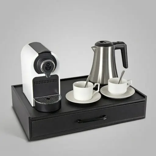Tray Set with Stainless Steel 0.8L Kettle [1046] — CTS-1046 — A welcome-tray set with a spacious faux leather tray, integrated drawer and a 0.8L stainless steel kettle. The drawer offers ten compartments for teabags, coffee or sugar sticks plus a dedicated spoon section, gliding on a smooth runner. The 304 steel kettle and cable cut-out complete a tidy, upscale in-room beverage station.