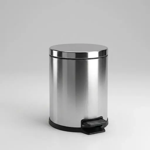 Stainless Steel Round Pedal Dustbin 5L with Fingerprint-Proof — DBN-1028 — A 5L round pedal dustbin in 410 stainless steel with a matte, fingerprint-proof finish. A quiet soft-close lid, hands-free foot pedal and fire-safe construction make it hygienic and durable, with a removable liner for easy cleaning. Available in black, white or silver at 20.3cm wide and 28cm tall.