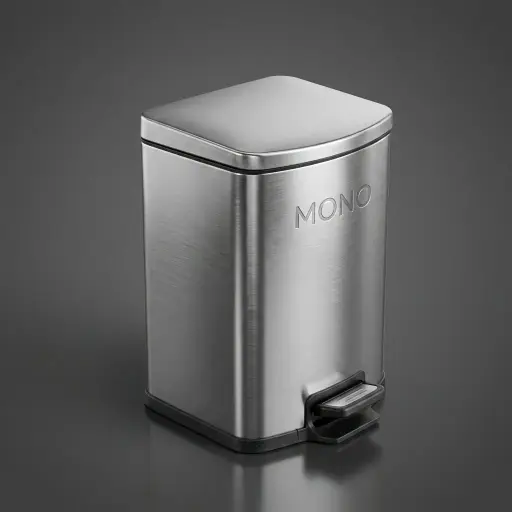 Stainless Steel Square Pedal Dustbin 7L — DBN-1037 — A 7L square pedal dustbin in 410 stainless steel with a matte, fingerprint-proof finish. Hands-free foot operation and a quiet soft-close lid keep disposal hygienic and quiet, while the fire-safe build and removable liner add safety and easy cleaning. Measures 23.5x18.5x34.5cm for bathrooms and offices.