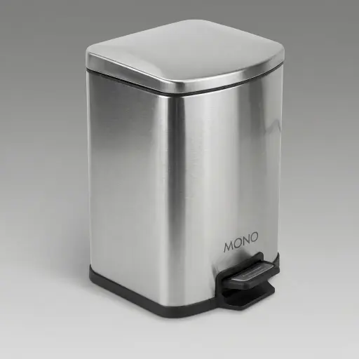 Stainless Steel Square Pedal Dustbin 12L — DBN-1039 — A 12L square pedal dustbin in 410 stainless steel with a matte, fingerprint-proof finish. Hands-free foot operation and a quiet soft-close lid keep disposal discreet, while the fire-safe build and removable liner add safety and easy cleaning. Measures 27.2x26.5x39.5cm for busy areas.