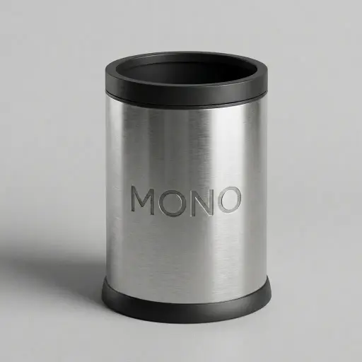 Stainless Steel Open Top Waste Bin 9L — DBN-1042 — A 9L open-top waste bin in 410 stainless steel with a matte, fingerprint-proof finish for quick, lidless disposal. Fire-safe construction and a removable plastic liner keep it safe and easy to clean, with a rubber floor-protector ring on the base. Available in black or silver at 25cm wide and 34cm tall.