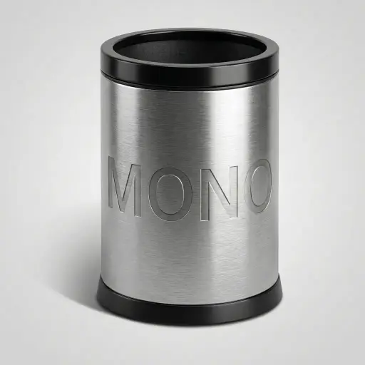 Stainless Steel Open Top Waste Bin 12L — DBN-1043 — A 12L open-top waste bin in 410 stainless steel with a matte, fingerprint-proof finish for fast, lidless disposal. The fire-safe build and removable plastic liner make it safe and simple to clean, with a rubber floor-protector ring on the base. Available in black or silver at 25cm wide and 38.5cm tall.