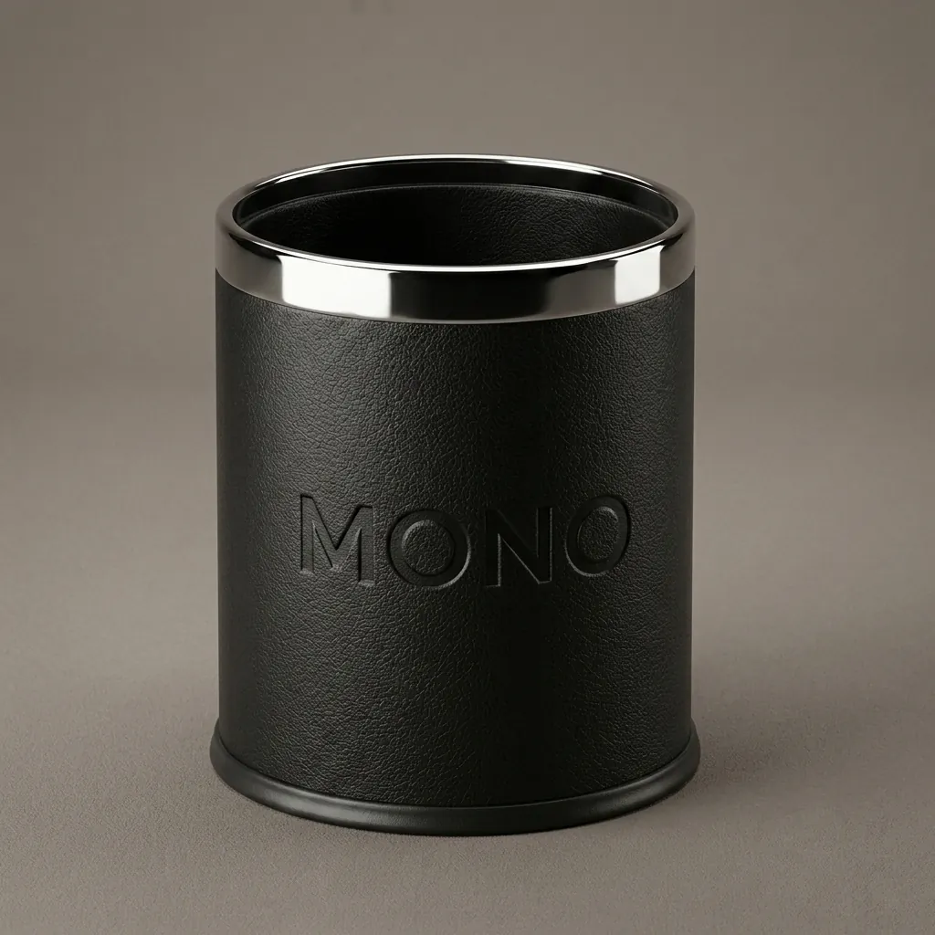 Open-Top PU Leather Waste Bin 10L (Round) — DBN-1044 — A 10L open-top waste bin wrapped in customisable PU leather over a powder-coated metal insert, finished with a chrome top ring. The double-wall design hides the bag for a clean look, while the surface stays water-repellent and easy to wipe down. Round at 22.5cm across and 27cm tall, an upscale accent for guest rooms. (image 1)
