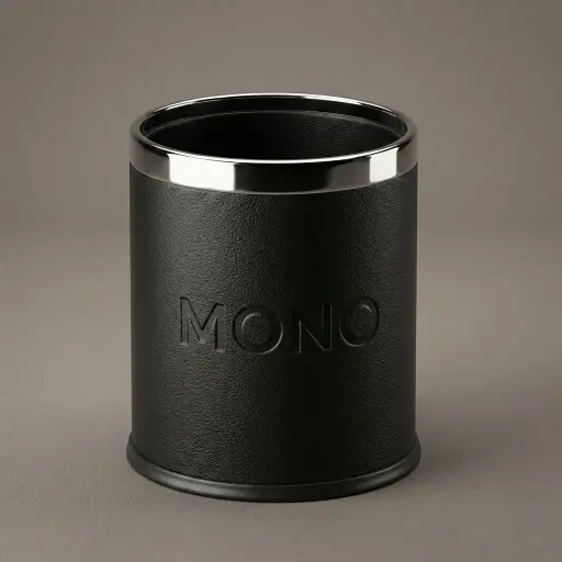Open-Top PU Leather Waste Bin 10L (Round) — DBN-1044 — A 10L open-top waste bin wrapped in customisable PU leather over a powder-coated metal insert, finished with a chrome top ring. The double-wall design hides the bag for a clean look, while the surface stays water-repellent and easy to wipe down. Round at 22.5cm across and 27cm tall, an upscale accent for guest rooms.