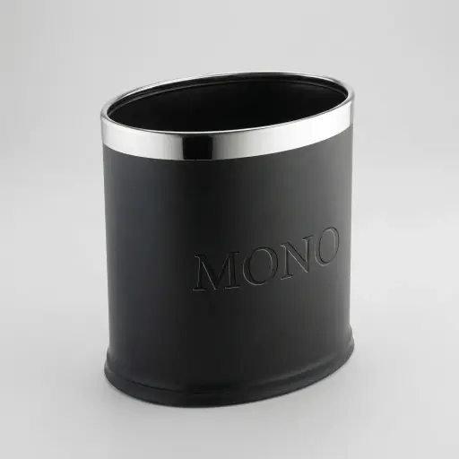 Open-Top PU Leather Waste Bin 10L (Oval) — DBN-1045 — A 10L oval open-top waste bin wrapped in customisable PU leather over a powder-coated metal insert, topped with a chrome ring. The double-wall design conceals the bag neatly and the surface is water-repellent and easy to clean. Slim at 22.5x19.5x27cm, ideal for refined guest bathrooms.