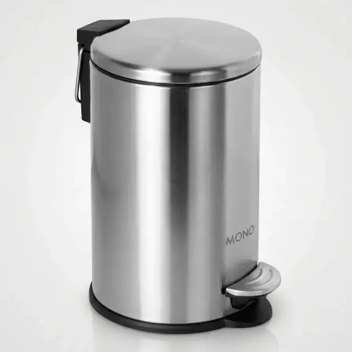 Pedal Round Dustbin 20ltr Matte Stainless Steel — DBN-1046 — A generous 20L round pedal dustbin in matte 410 stainless steel for high-traffic areas. Hands-free foot operation and a buffer closing device keep disposal hygienic and quiet, while the plastic liner lifts out for easy cleaning. Fire-safe construction built to last in busy hotel spaces.