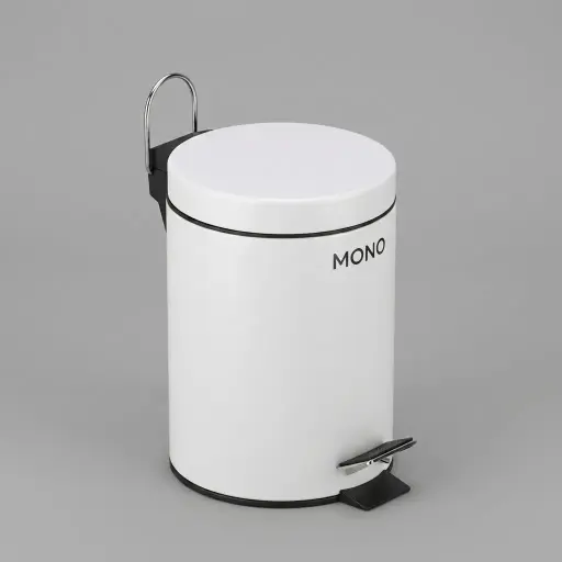 Stainless Steel Round Pedal Dustbin 5L with Non-Slip Base [1051] — DBN-1051 — A 5L round pedal dustbin in 410 stainless steel with a matte white finish and a quiet soft-close lid. Hands-free foot operation, fire-safe construction and a removable liner keep it hygienic and easy to clean, with a handy carry handle. Measures 20.5cm wide and 27.8cm tall for bathrooms and bedrooms.