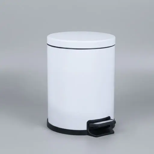 Stainless Steel Round Pedal Dustbin 5L with Soft-Close Lid — DBN-1052 — A 5L round pedal dustbin in matte white 410 stainless steel with a quiet soft-close lid. The hands-free foot pedal, fire-safe build and removable liner make disposal hygienic and cleaning simple, with a convenient carry handle. Measures 20.3cm wide and 28cm tall for guest rooms.