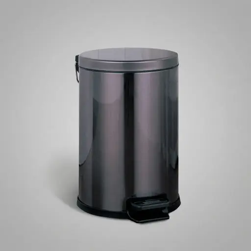 Stainless Steel Round Pedal Dustbin 5L with Non-Slip Base [1053] — DBN-1053 — A 5L round pedal dustbin in matte black 410 stainless steel with hands-free foot operation. The separable PP inner liner with handle lifts out for easy cleaning, while fire-safe construction adds safety. Compact at 20.3cm wide and 28cm tall for bathrooms and bedrooms.