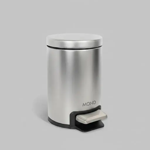 Stainless Steel Round Pedal Dustbin 5L with Non-Slip Base [1054] — DBN-1054 — A 5L round pedal dustbin in matte black 410 stainless steel with a quiet soft-close mechanism. Hands-free foot operation, fire-safe construction and a removable liner keep it hygienic and easy to clean, with a carry handle and non-slip base. Measures 20.3cm wide and 28cm tall.