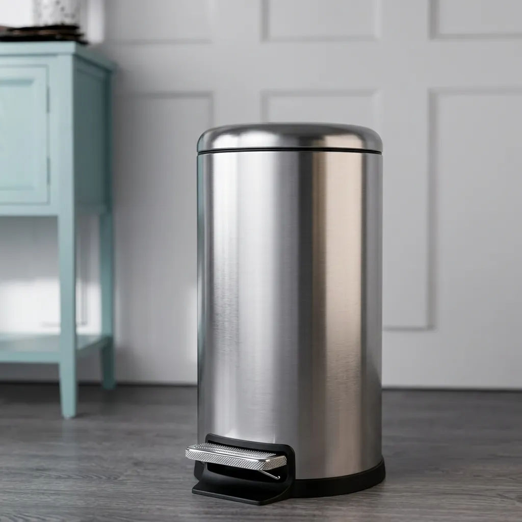 Stainless Steel Round Pedal Dustbin 12L with Non-Slip Base — DBN-1056 — A 12L round pedal dustbin in matte 410 stainless steel with a quiet soft-close lid for larger rooms. Hands-free foot operation, fire-safe construction and a removable liner keep it hygienic, with a carry handle. W25 x H39cm. (image 4)