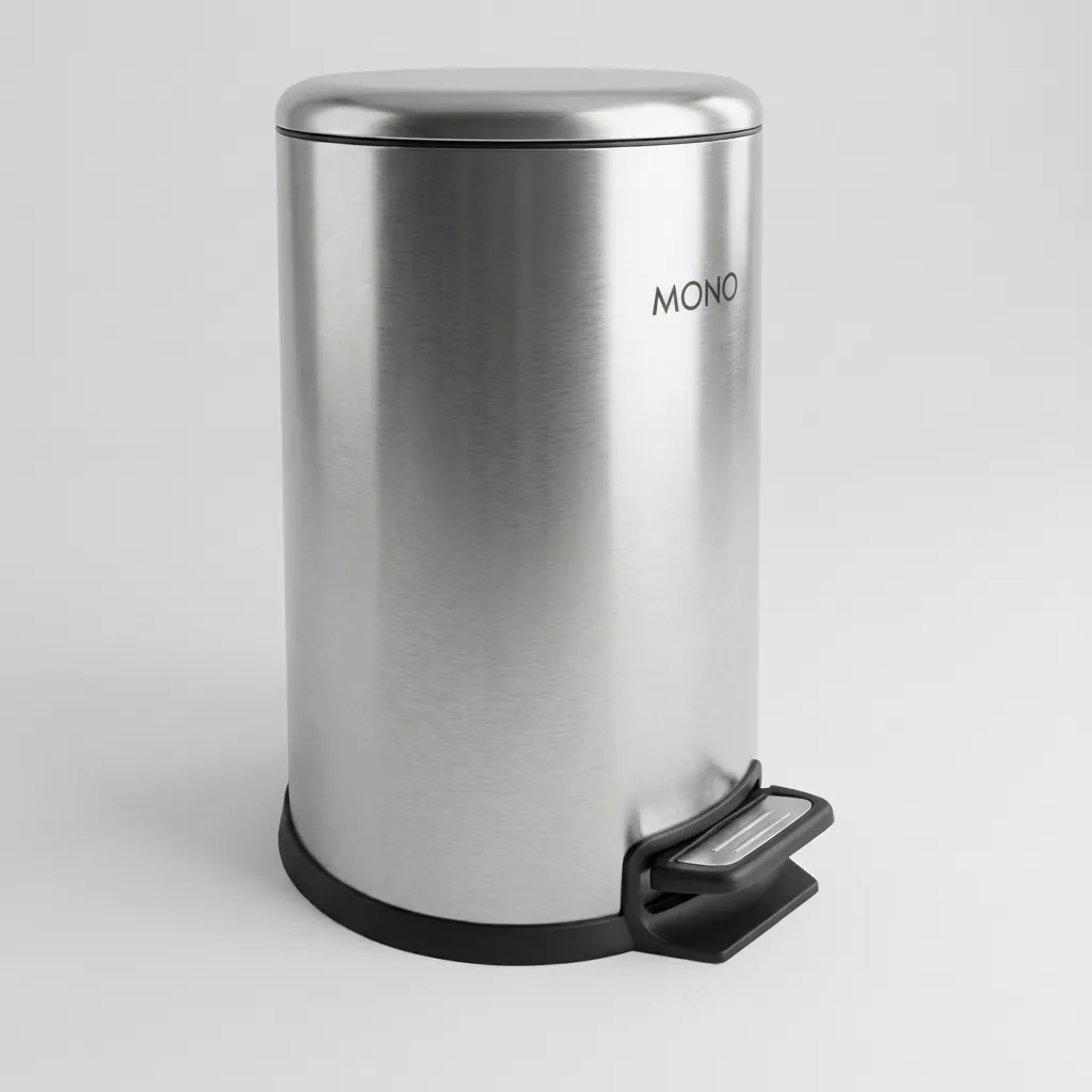 Stainless Steel Round Pedal Dustbin 12L with Non-Slip Base — DBN-1056 — A 12L round pedal dustbin in matte 410 stainless steel with a quiet soft-close lid for larger rooms. Hands-free foot operation, fire-safe construction and a removable liner keep it hygienic, with a carry handle. W25 x H39cm. (image 1)