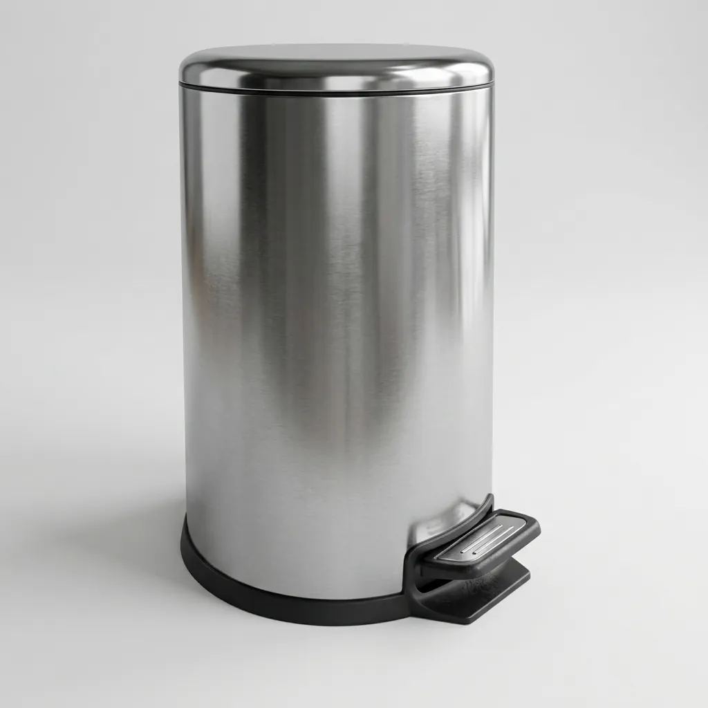 Stainless Steel Round Pedal Dustbin 12L with Non-Slip Base — DBN-1056 — A 12L round pedal dustbin in matte 410 stainless steel with a quiet soft-close lid for larger rooms. Hands-free foot operation, fire-safe construction and a removable liner keep it hygienic, with a carry handle. W25 x H39cm. (image 5)